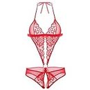 BELLEVINO Women’s Strappy Ring Lingerie Embroidered Bodysuit Deep V Neck Lace Teddy Snap Crotch One Piece Solid Design Mini Babydoll For Romantic Night