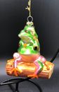 San Diego Zoo Blown Glass Three Frogs Stacked Stump Christmas Ornament