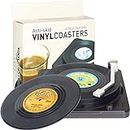 Funny Retro Record Coasters for Drinks with Vinyl Player Holder for Music Lovers,Set of 6 Conversation Piece Sayings Drink Coaster,Housewarming Hostess Wedding Registry Gift Ideas