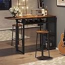 Bestier Bar Table and Chair Set, Expandable Dining Table with 2 Bar Stools, Industrial Kitchen Counter with Wine Rack & 3 Tier Adjustable Storage Shelves Rustic Brown