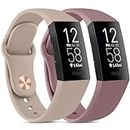 2 Straps Compatible with Fitbit Charge 3 /Charge 4 Strap for Women Men, Silicone Soft Replacement Bands for Fitbit Charge 3 4 with Steel Buckle, Large-Milk Tea+Smoke Purple