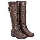 ILLUDE Womens Knee High Lace up Buckle Military Combat Boots (6.5, Brown)