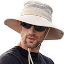Alexvyan Beige Round Crown Hat Sun Visor Hats for Men Wide Brim Summer Cap for Boys UV Protection Breathable Casual Beach Hat, Safari Hat Sun Protection Cap for Gents.
