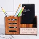 Deskart Personalized Pen Stand With Business Visiting Card & Mobile Holder | Multipurpose Customized Wooden Desk Organizer Pen Stand For Office Desk And Study Table With Name Engraving