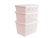 Nayasa Flower Storage Multipurpose Plastic Basket With Lid For Home Kitchen Office Organization (Small 3pc Set, Beige)