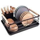 BRIAN & DANY Stainless Steel Dish Drying Rack Over Sink for Kitchen 40×28×14.5cm, Dish Drainer w/Wooden Handle and Removable Thickened Cutlery Tray (Black)