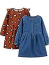 Simple Joys by Carter's Girls' Toddler 2-Pack Long-Sleeve Dress Set, Chambray/Cheetah Print, 5T