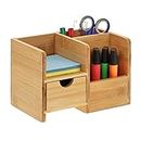 Relaxdays Desk Organiser, 3 Compartments and Drawer, H x W x D: 14 x 20.5 x 13 cm, Bamboo, Natural, 90% 10% fibreboard