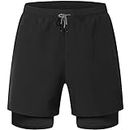 HOPLYNN Mens Running 2 in 1 Sports Shorts Breathable Outdoor Workout Training Shorts with Pockets Black M