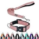 FURRYFECTION Reflective Dog Collar and Leash Set with Quick Release Buckle, Padded with Neoprene Adjustable Nylon Dog Collar for Small Medium and Large Dogs (Medium Collar+5FT Leash, Pink)