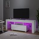 Panana 51inch TV Stand Storage Glass Shelves Big Drawer Sideboard 16 Colors RGB LED Lighted TV Cabinet for 32 40 43 50 55 inch 4k TV (White, With LED)