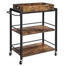 VASAGLE Industrial Bar Cart for The Home, Serving Cart with Wheels and Handle, 3-Tier Beverage Cart with Removable Tray and Storage Shelves for Living Room Kitchen, Rustic Brown and Black ULRC72X