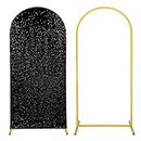 HAISIWLKJ Metal Arch Stand and Cover Set,1 Black Glitter Spandex Fitted Backdrop Covers with 1 Gold Wedding Arched Stand Frame for Parties Birthday Baby Shower Bridal Banquet Decoration (6FT)