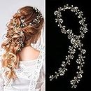 KRELIN Gold Extra Long Brides Handmade Pearl Crystal Headband Headpieces Rhinestone Wedding Decorative Hair Accessories for Women (60Cm)