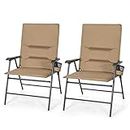 COSTWAY Set of 1/2 Padded Folding Chair, Extra Wide Patio Dining Chairs with Cup Holder and Armrest, 150kg Capacity Outdoor Deck Camping Seats for Beach Lawn Yard Picnic (2 Pcs, Tan)