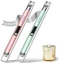 Candle Lighter 2 Pack,Electric Lighter USB Rechargeable Long Plasma Arc BBQ Lighter Windproof&Flameless with LED Battery Display for Candles, Gas Stove, Grill (Green&Rose Gold)
