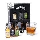 Jack Daniels Gift Set - Jack Daniels Whiskey 3x 5cl Honey, Apple, JD Whisky Old No7 Alcohol Miniatures, JD Tennessee Whiskey Glass - Birthday Gifts for Men, Boyfriend, Mens Valentines Gifts for Him