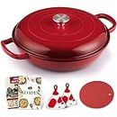 Overmont Cast Iron Braiser Enameled Cookware with Cookbook & Lid - 3.2 Quart Dutch Oven Pot with Enamel Coating for Braising, Stews, Roasting, Bread Baking