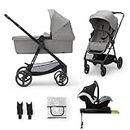 Kinderkraft Newly 4 in 1, Stroller, Pushchair, Travel System, Pram, Newborn Baby, Large Hood, Accessories, Easy Folding, Included Car Seat with ISOFIX Base, from Birth up to 22 kg, Gray