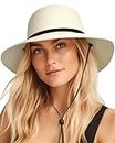 Womens Wide Brim Sun Hat with Wind Lanyard UPF Summer Straw Sun Hats for Women (Cream White, Large)