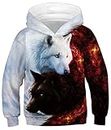 GLUDEAR Children Unisex 3D Novelty Digital Printed Hooded Hoodies Sweatshirt,Flame Ice Galaxy Wolf,11-13T