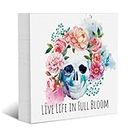 Skull Spring Wood Block Plaque Flowers Desk Decor Spring Decor Rustic Wooden Box Sign for Farmhouse Home Bedroom Garden Cubicle Shelf Table Tiered Tray Decoration Inspirational Desk Essentials