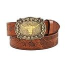 Fychuo Cowboy Belt Western Cowboy Belts for Men Brown Belt PU Leather Belt Women Jeans Mens Bull Buckle Belts Casual Personalised Accessories