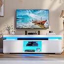DWVO White TV Stand with LED Lights and Power Outlet, Modern Entertainment Center for 55/60/65 Inch, Media Console Table TV Cabinet with Storage, Universal TV Stand for Living Room