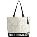 True Religion Women's Large Tote Bag, Stitched Logo Canvas Travel Carryall Shoulder Handbag, Black