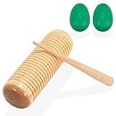 SPLENDIDMODE Guiro Wood Percussion Instrument - Pine Training Musical Tone Block Rasp with Wood Scraper - Complete with Set of 2 Durable Green Egg Shaker Maracas