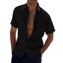 LinZong Men's Linen Shirts,Summer Beach Button Down Short Sleeve Shirts,Wrinkle-Free Business Casual Work Blouse Dress Shirt (Black,3XL)