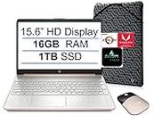 2022 Newest HP 15 15.6" HD Display Laptop Computer, AMD Athlon Silver 3050U (up to 3.2GHz, Beat i3-8130U), 16GB RAM, 1TB SSD, WiFi, Bluetooth, HDMI, Webcam, Win 10S, Rose Gold, AllyFlex Mouse, Sleeve