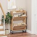 KFO Shoe Cabinet with 2 Handmade Natural Rattan Flip Drawers, Entryway Shoe Rack Storage Organizer for Sneakers, Leather Shoes, Slippers, Free Standing Shoe Racks……