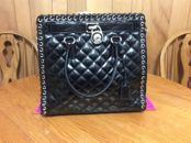 Michael Kors Large Whipstitch Quilted Silver and Black Leather Satchel
