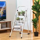 4 Step Ladder, Folding Step Stool with Handgrip, Metal Ladder with Anti-Slip Rubber Feet and Wide Pedal, Portable Step Ladder