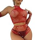 FYMNSI Women Rhinestone Lingerie Set Sheer See Through Sparkle Mesh Fishnet Sexy Teddy 3Pcs Set Crop Top + Mini Dress Skirt Gloves Clubwear Stripper Outfits Exotic Sets one Size, Z Red - Shorts Set