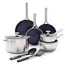 Blue Diamond Cookware Triple Steel Stainless Steel Diamond Reinforced Ceramic Nonstick 11 Piece Cookware Pots and Pans Set, Frying Pans, Chef Stockpot, PFAS-Free, Multi Clad,Induction,Oven Safe,Silver