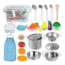 D-FantiX Play Kitchen Accessories, Kids Play Pots and Pans Playset with Mini Stainless Steel Pretend Play Cooking Toys, Cookware Utensils, Apron and Chef Hat, Cutting Food for Toddler Boys Girls