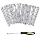 VASLON 100 Pack 6 Inch Garden Staples with 1 Pick Hook, U-Shape Metal Pins SOD Yard Stakes for Securing Landscape Fabric,Ground Sheeting,Artificial Grass,Soaker Hose, Fence