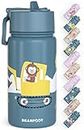 BEARFOOT Trinkflasche Kinder Edelstahl mit Strohhalm - Thermosflasche 400ml - BPA frei - auslaufsicher - Kleinkinder, Mädchen & Jungen Wasserflasche für Schule, Kindergarten (Blau - Bagger Affe)