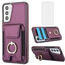 Asuwish Phone Case for Samsung Galaxy S21 5G 6.2 inch with Tempered Glass Screen Protector Wallet Cover and Slim Ring Stand Card Holder Leather Credit Cell Accessories S 21 21S G5 Women Men Purple