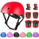 KAMUGO Kids Adjustable Helmet, with Sports Protective Gear Set Knee Elbow Wrist Pads for Toddler Age 3-8 Boys Girls, Bike Skateboard Hoverboard Scooter Rollerblading Helmet Set (Red)