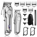 SUPRENT Professional Hair Clippers for Men-Hair Cutting Kit & Zero Gap T-Blade Trimmer Combo- Cordless Barber Clipper Set with LED Display (Silver)