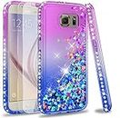 LeYi Case for Galaxy S6 with Glass Screen Protector [2 pack], Glitter Liquid Flow Luxury Clear Transparent Diamond Personalised TPU Gel Silicone Shockproof Cover for Samsung Galaxy S6 Purple Blue