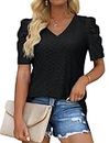 XIEERDUO Womens Tops Summer Clothing Trendy 2024 Eyelet Embroidery Shirts Puff Short Sleeve Blouse Ladies V Neck Tshirt Black XL