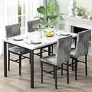 Recaceik Dining Table Set for 4, Kitchen Table and Chairs Set of 4, Faux Marble Dinner Table Set with 4 Upholstered Velvet Chairs, Dining Room Table Set for Kitchen Dining Room (White & Grey)