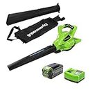 Greenworks Leaf Blower and Vacuum 40V Cordless 185km/h Air Speed,45L Bag, Variable Speed, Brushless Motor incl. 1 Battery 4Ah and fast charger