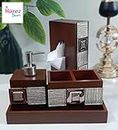 HOMEZ DECOR - Designer Bathroom Accessory Set Dark Brown with Broaches Stones - Bath Accessories Set of 4 pcs. Includes Soap Dispenser, Tissue Box, Toothbrush Holder and Tray.