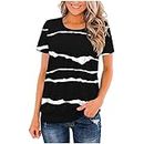 AMhomely UK Stock Party Wear Ruched Round Neck Blouse Tees for Women Solid Color Loose Short Sleeve Tops Summer Classic T-Shirt Tee Casual Pleated Henley Button up Tunic Shirts, 7-black, XL