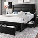 Yaheetech Queen Size Bed Frame with 2 USB Charging Station/Port for USB & Type C/3 Storage Drawers, Leather Upholstered Platform Bed with Headboard/Solid Wood Slat Support/No Box Spring Needed/Black